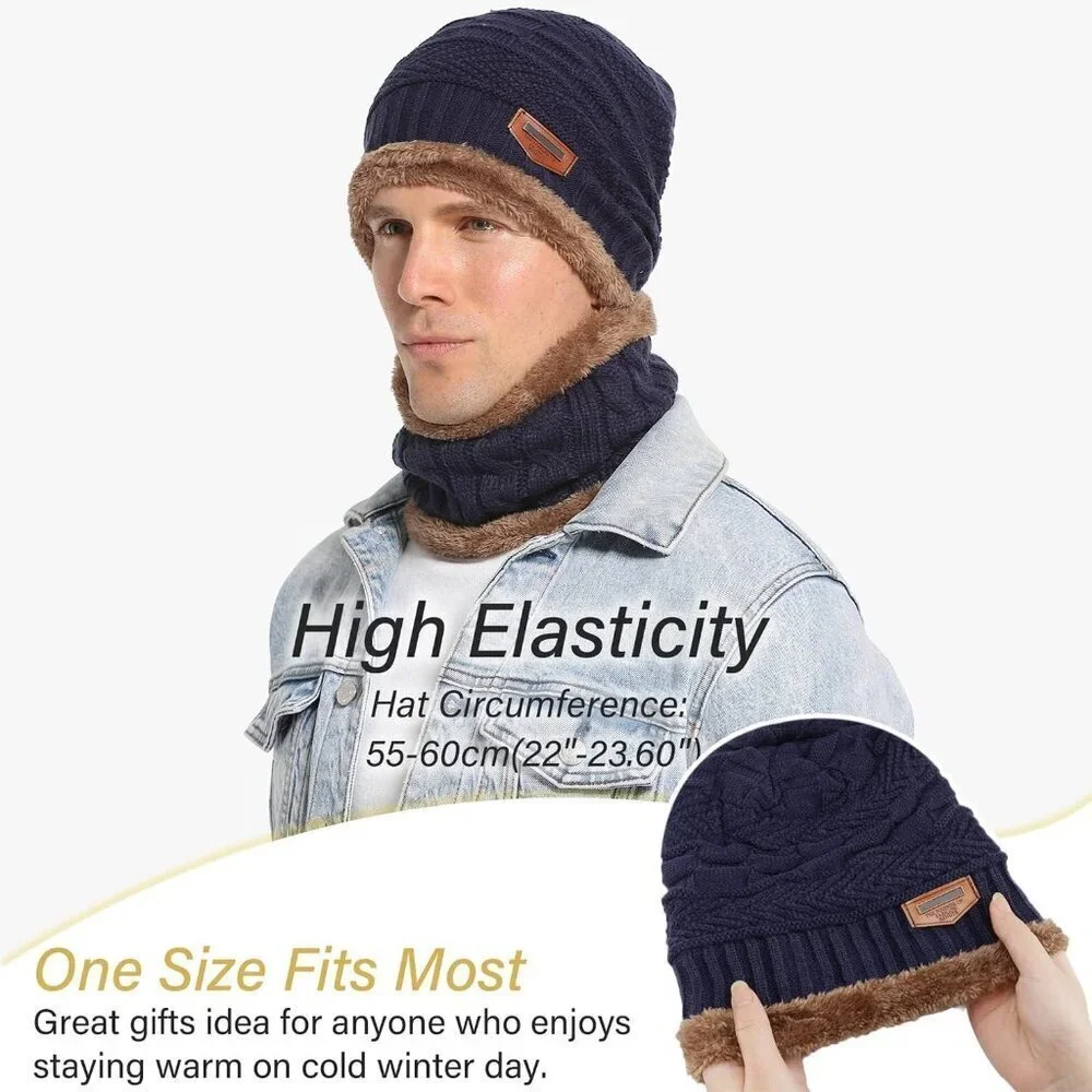 Men's Navy Blue Winter Warm Knit Thick Fleece Lined Skull Beanie Hat Scarf Set